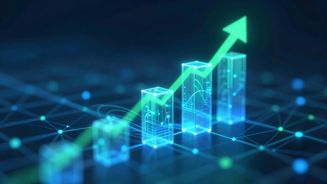 Blockchain network with evolving data flows and upward trajectory.