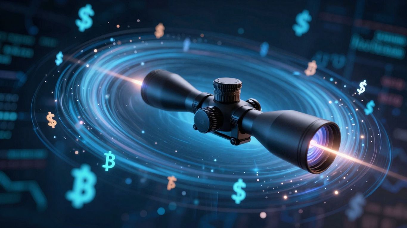 Sniper scope targeting cryptocurrency symbols in a chaotic market.