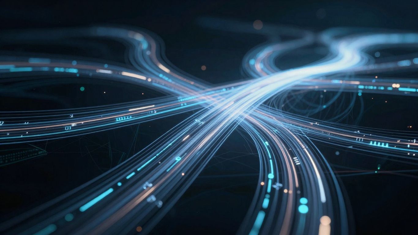 Visualizing blockchain transaction flow with glowing digital pathways.