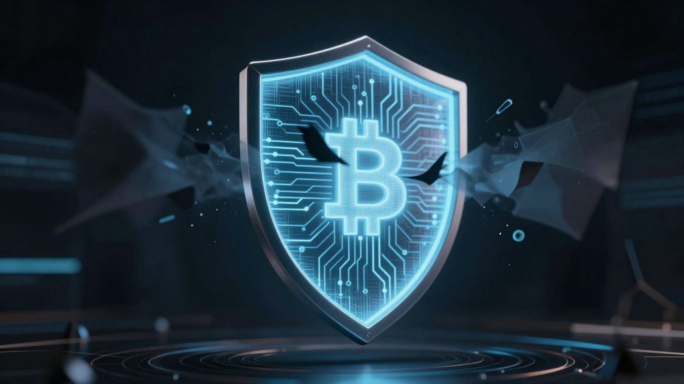 Digital shield protecting a crypto wallet from threats.