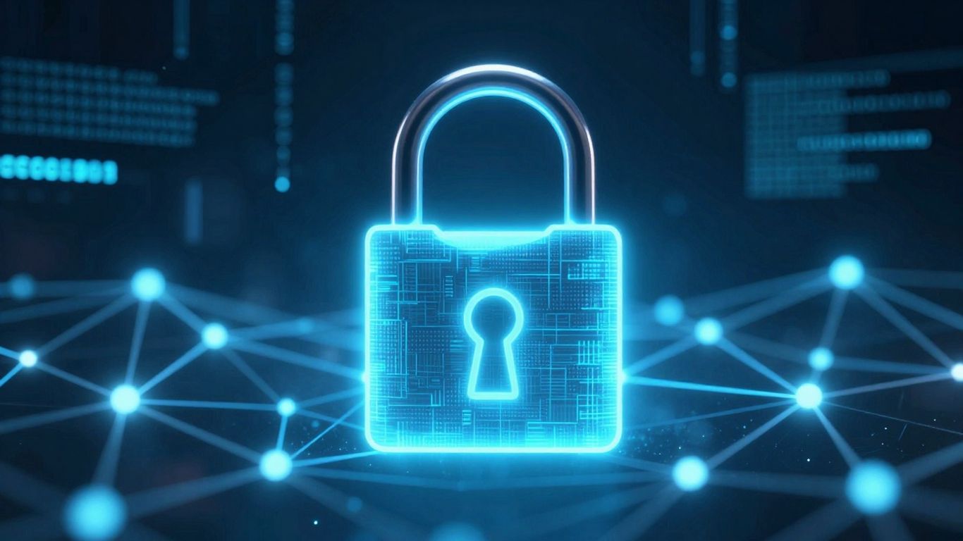 Secure blockchain padlock with abstract code elements.