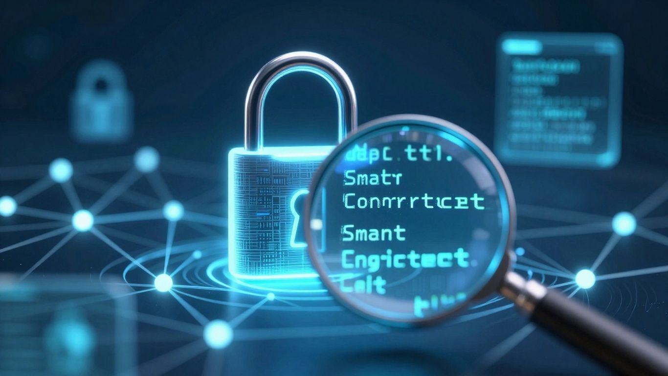 Smart contract security audit with digital padlock and blockchain.