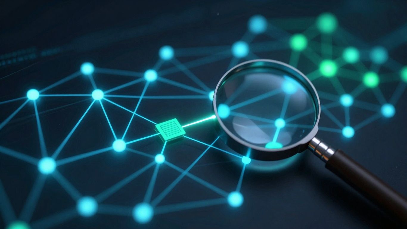 Network diagram with magnifying glass over data packets.
