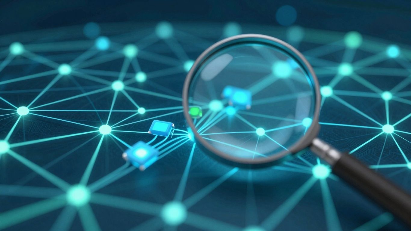 Network data packets being monitored by a magnifying glass.