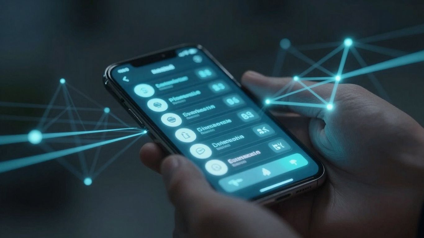 Digital wallet with glowing transaction lines and blockchain elements.