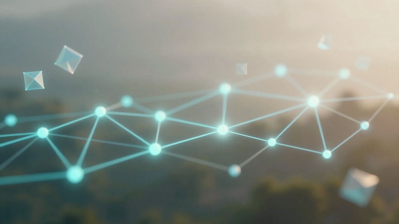 Decentralized web network with glowing nodes and data streams.