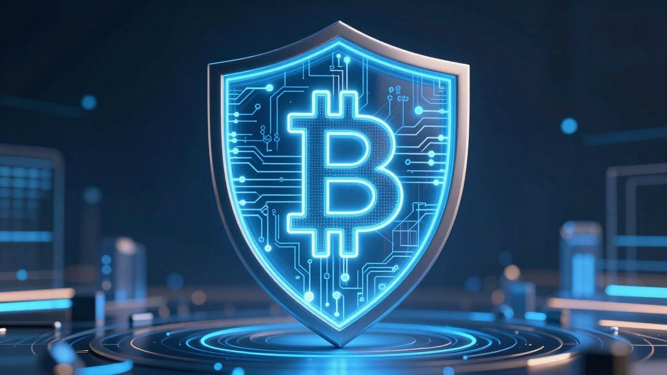 Digital shield protecting blockchain network with glowing circuits.