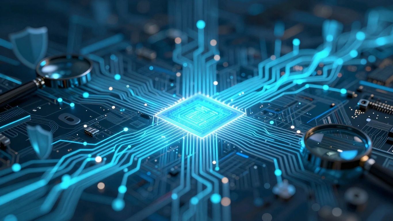 DeFi risk assessment network with glowing data streams.