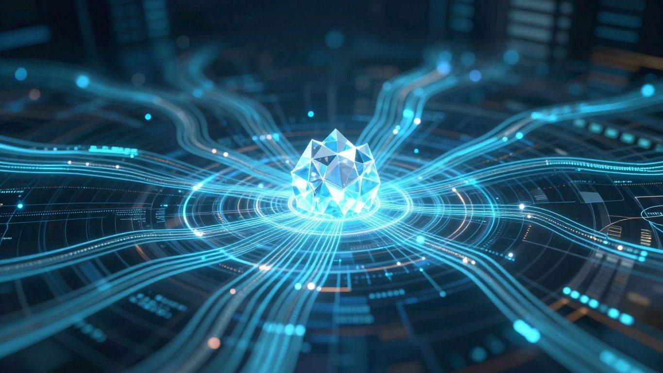 Digital network with glowing pathways and data streams.