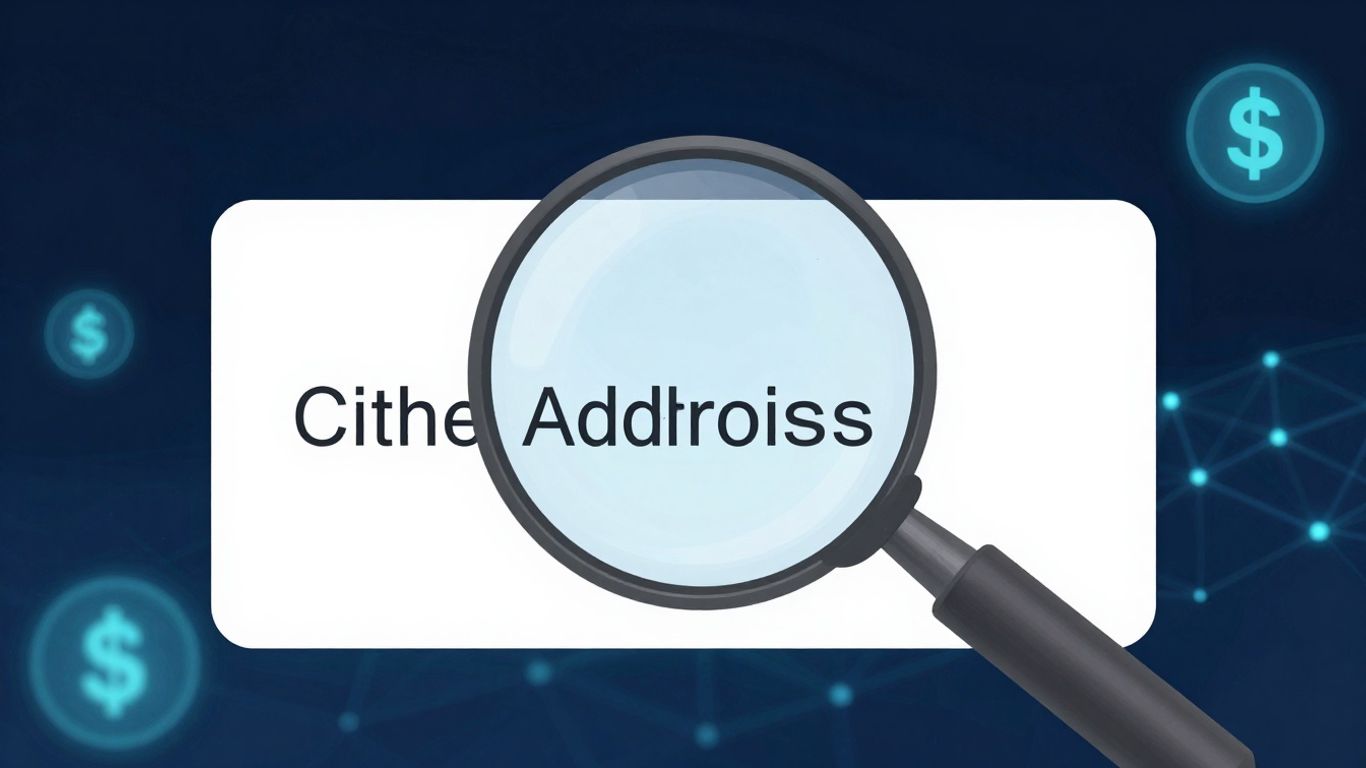 Crypto wallet address tracking with a magnifying glass.