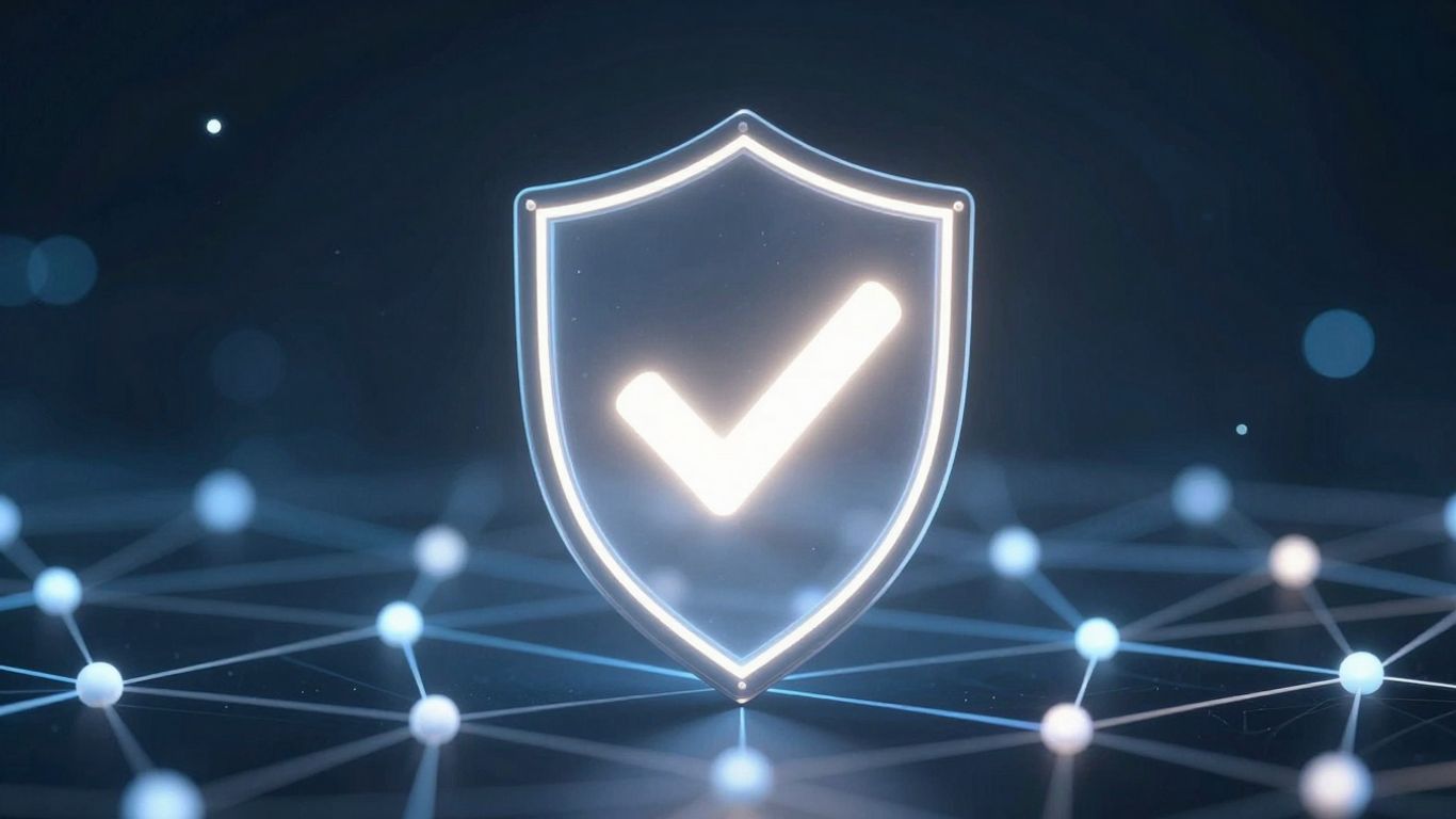 Digital shield with checkmark over network nodes