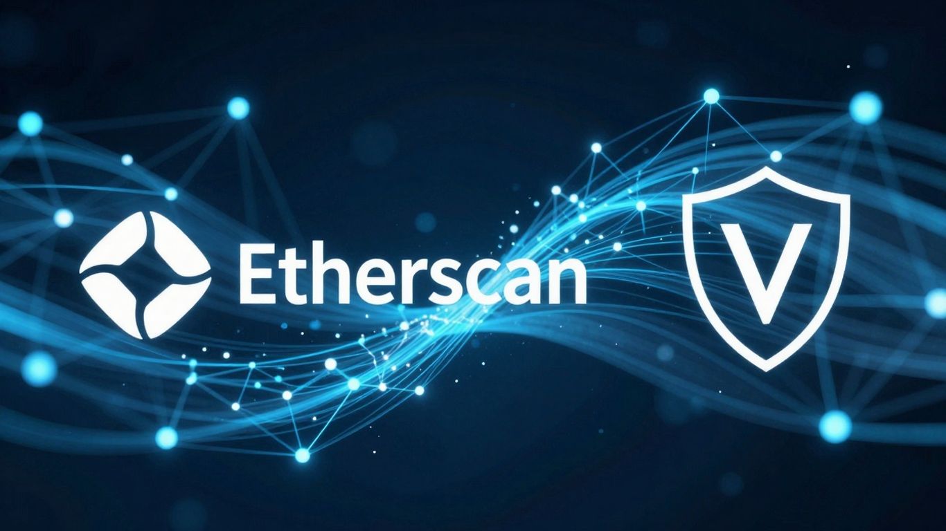 Digital network with Etherscan and Veritas emblems.