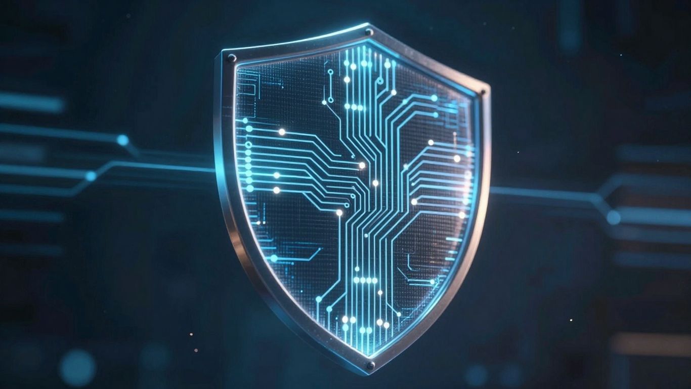 Digital shield with glowing circuitry and abstract background.