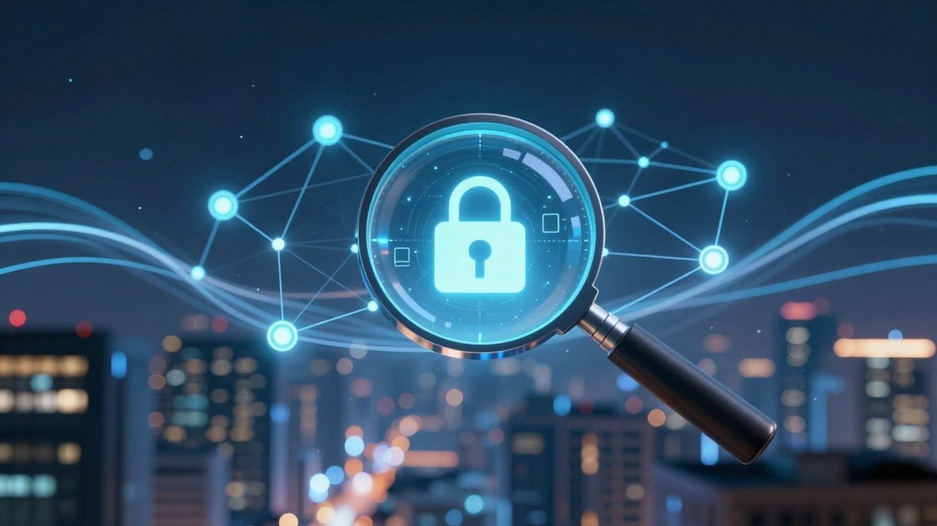 Blockchain and auditing concept with digital cityscape and magnifying glass.