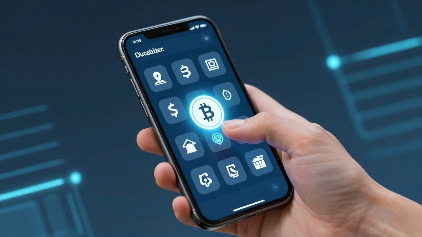 Digital crypto wallet interface with cryptocurrency icons and hand holding phone.
