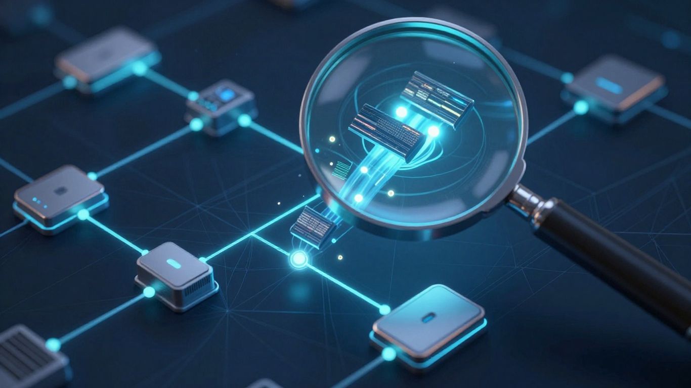 Network diagram with magnifying glass over data packets.
