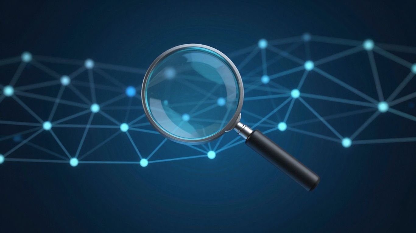 Network visualization with data packets and a magnifying glass.