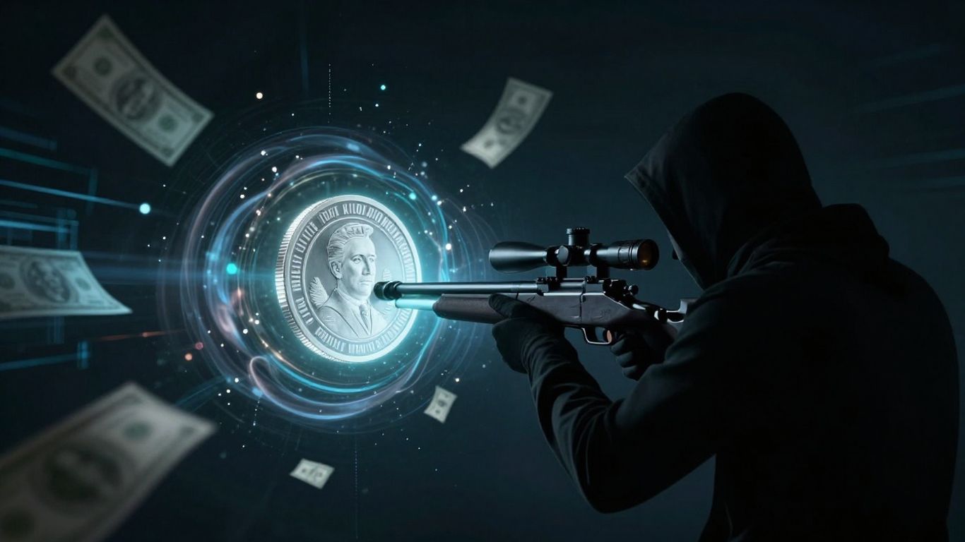 Crypto sniping concept with sniper rifle and digital coin.