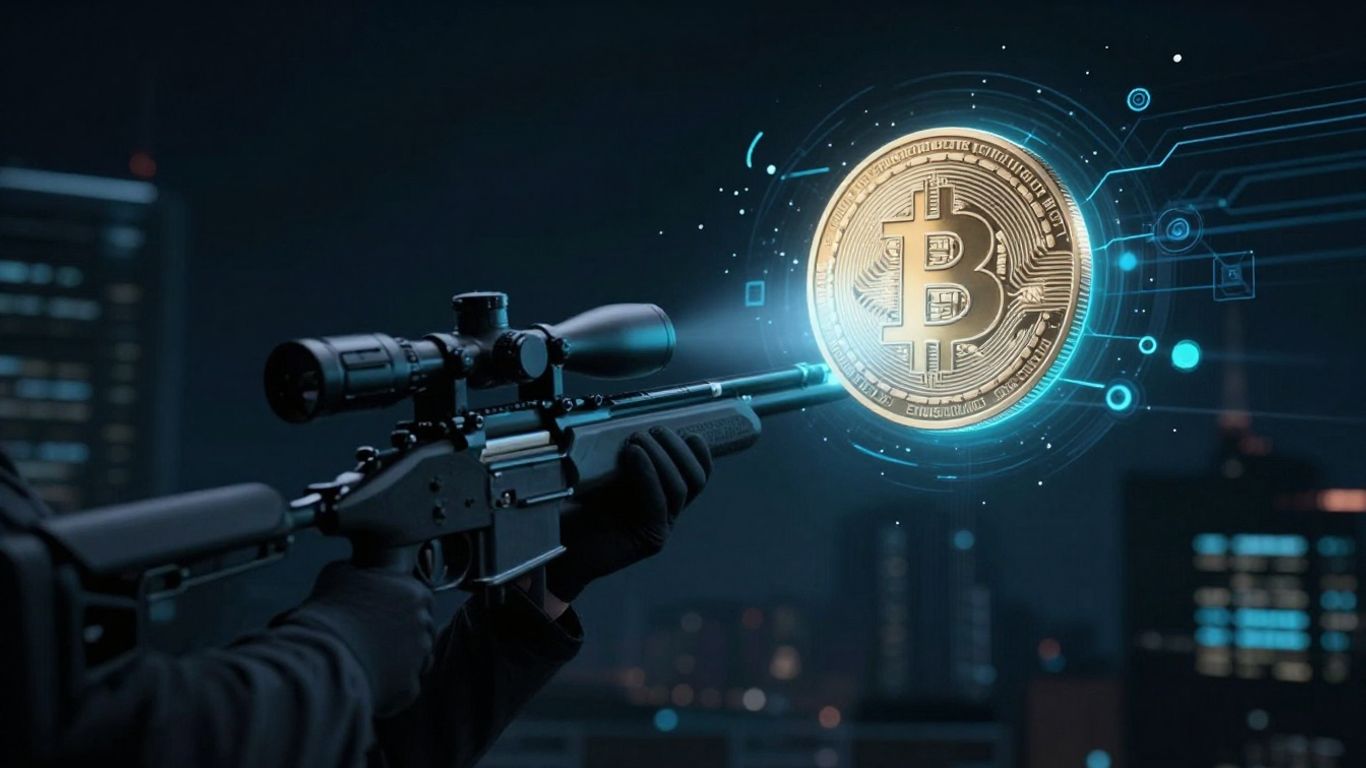 Sniper rifle targeting a cryptocurrency coin.