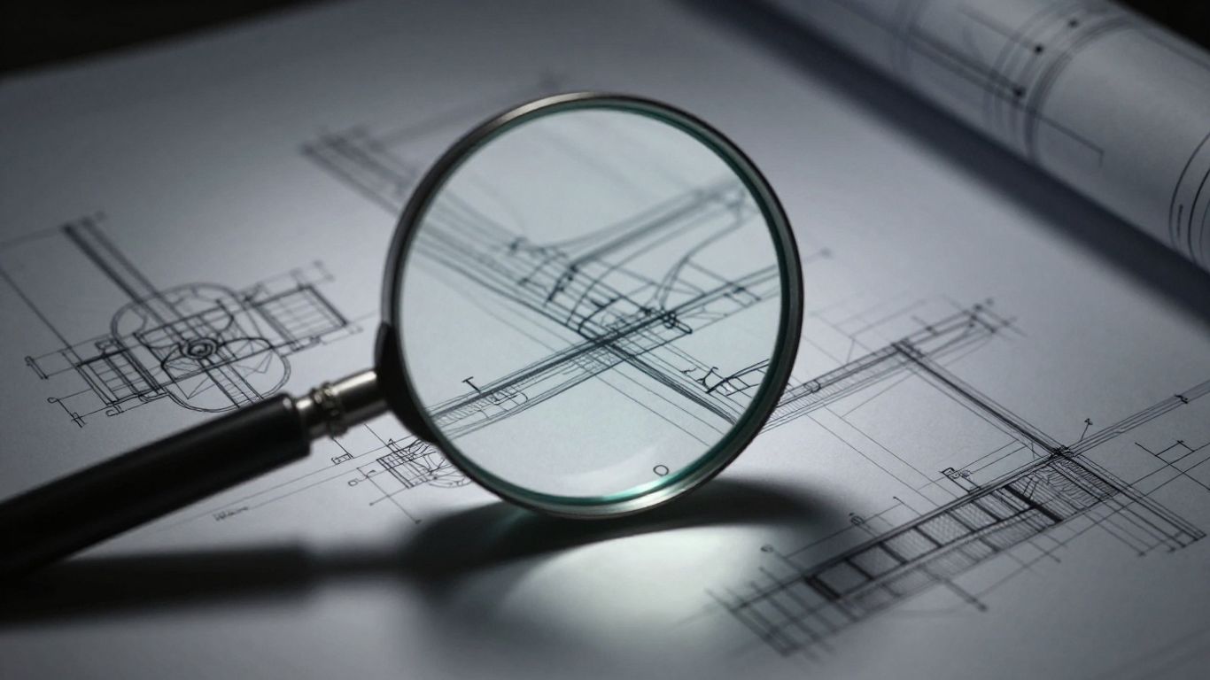 Magnifying glass over a detailed blueprint.
