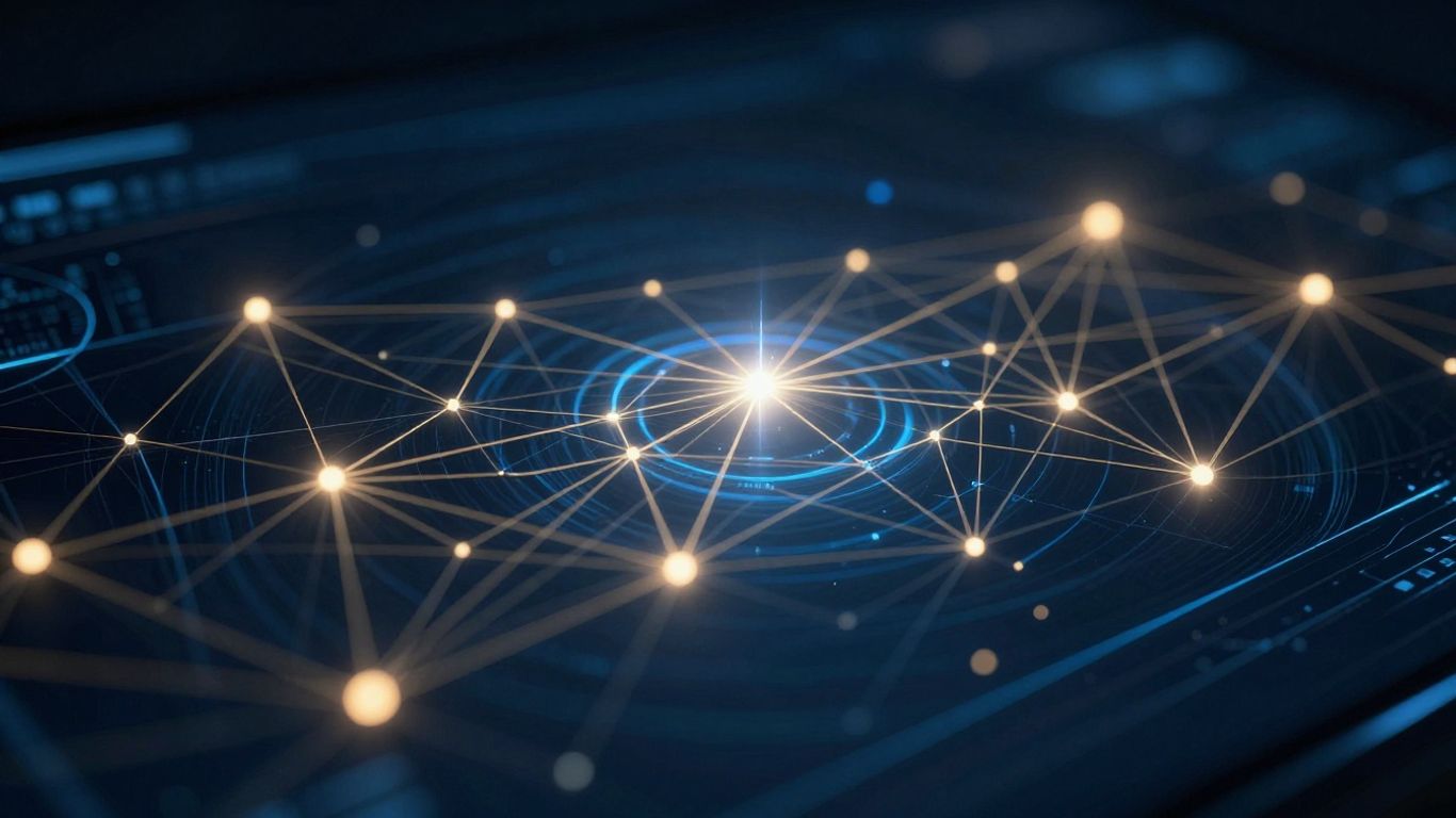 Digital interface with glowing nodes and interconnected lines.