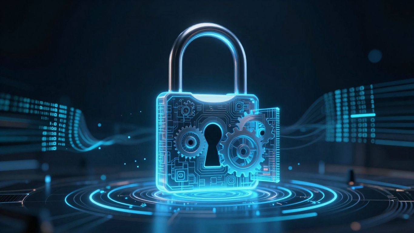 Blockchain security padlock and network visualization.