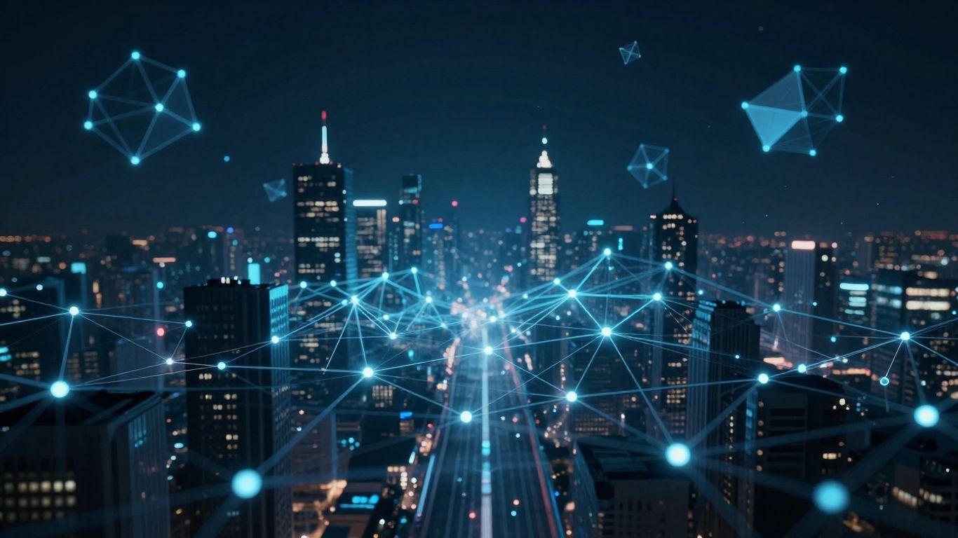 Decentralized web network with glowing nodes and futuristic cityscape.