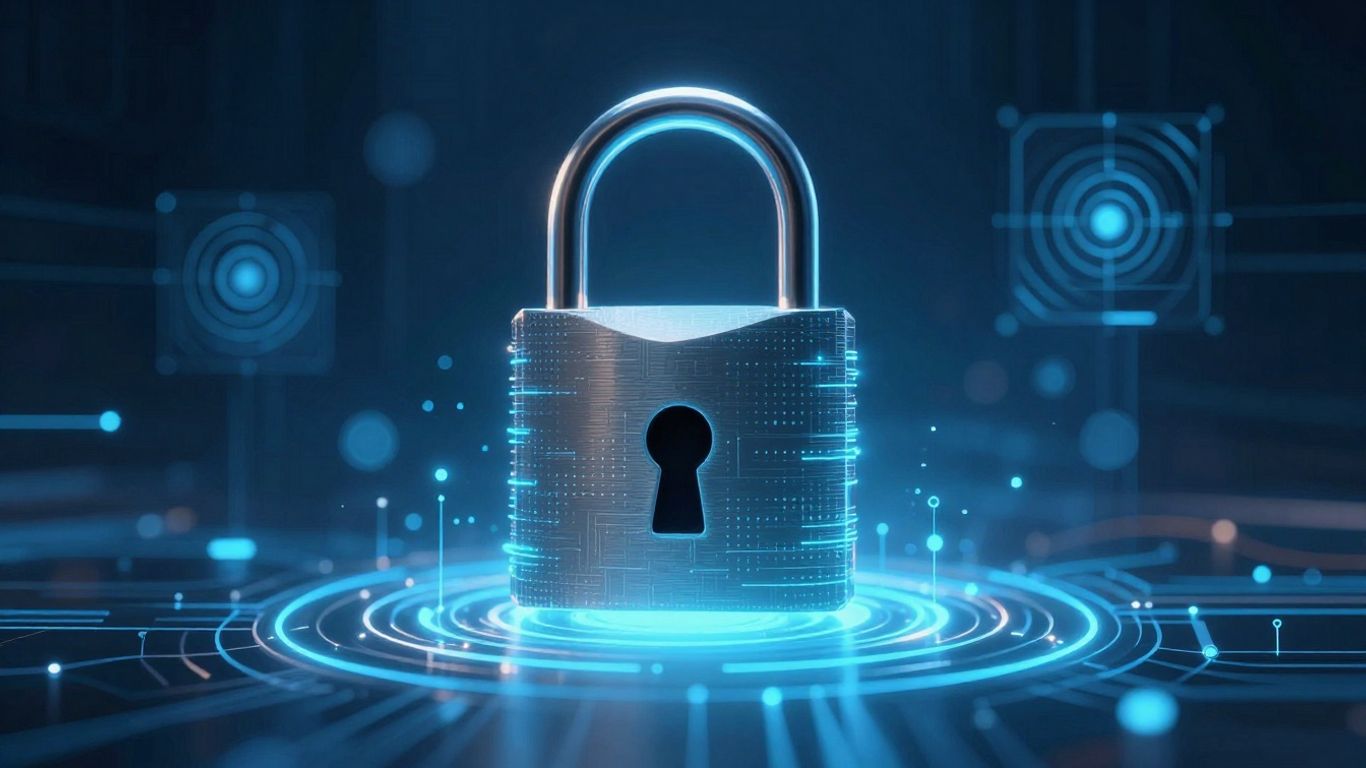 Digital padlock securing a blockchain network.