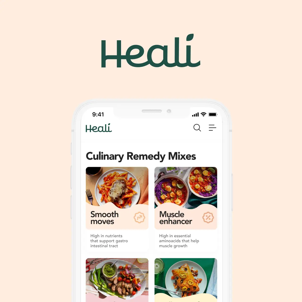 Heali - medical nutrition app screen shot and logo