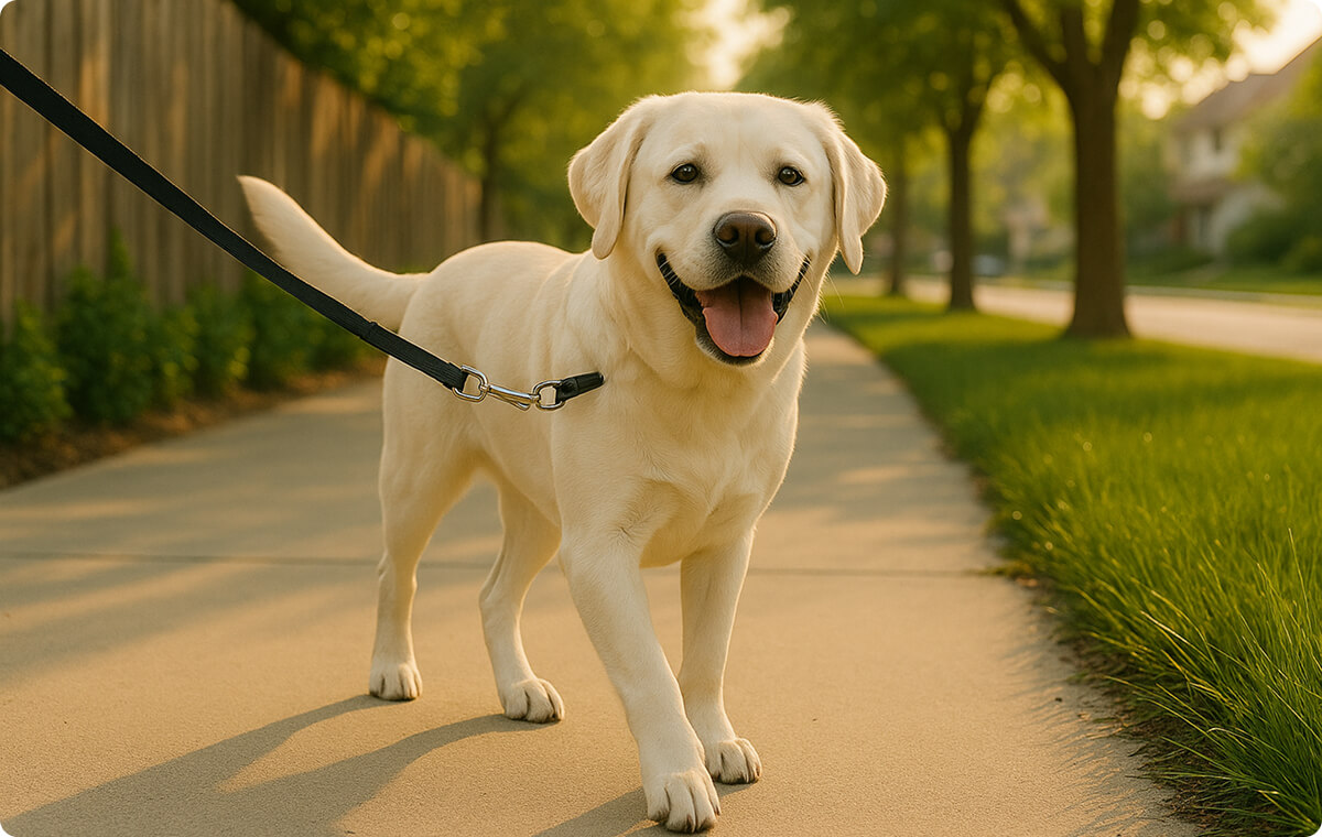 A cheerful Labrador Retriever on a leash walking along a sunny suburban sidewalk.