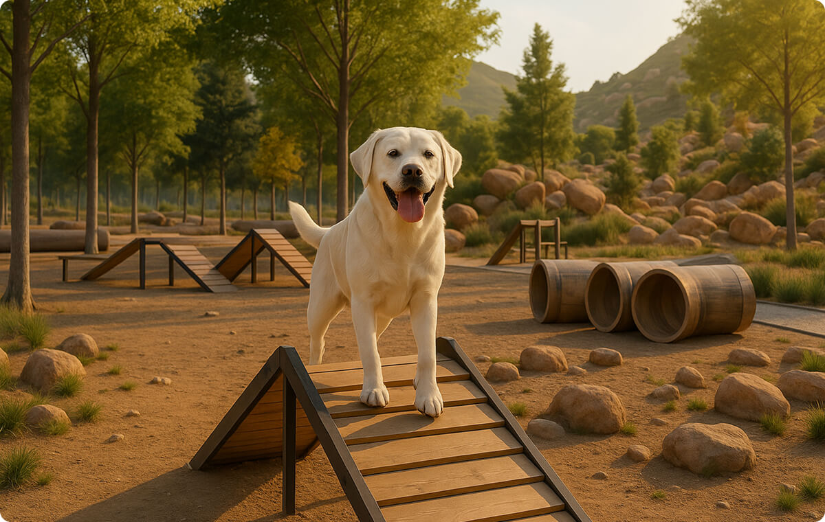 A happy Labrador Retriever standing on a wooden ramp at the Open Sky Dog Ranch, surrounded by trees, rocks, and training equipment.