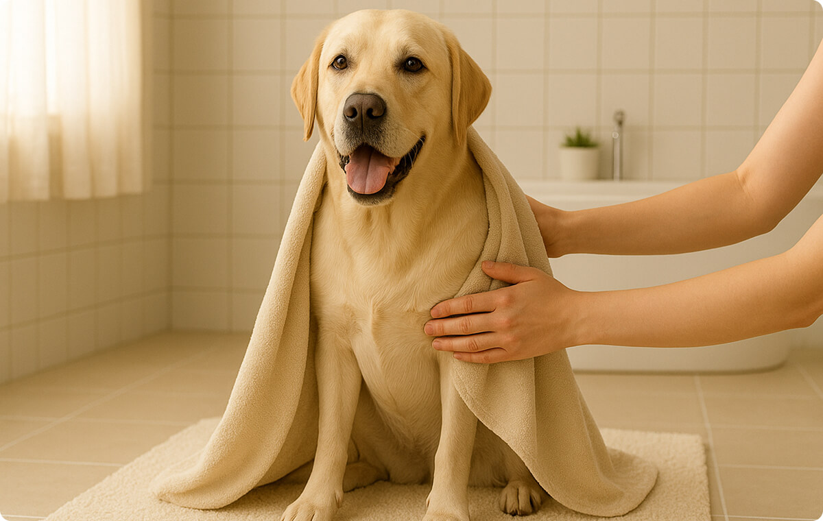 A happy Labrador Retriever sitting on a bathroom rug with a beige towel draped over its back, being gently dried by a person after a bath.
