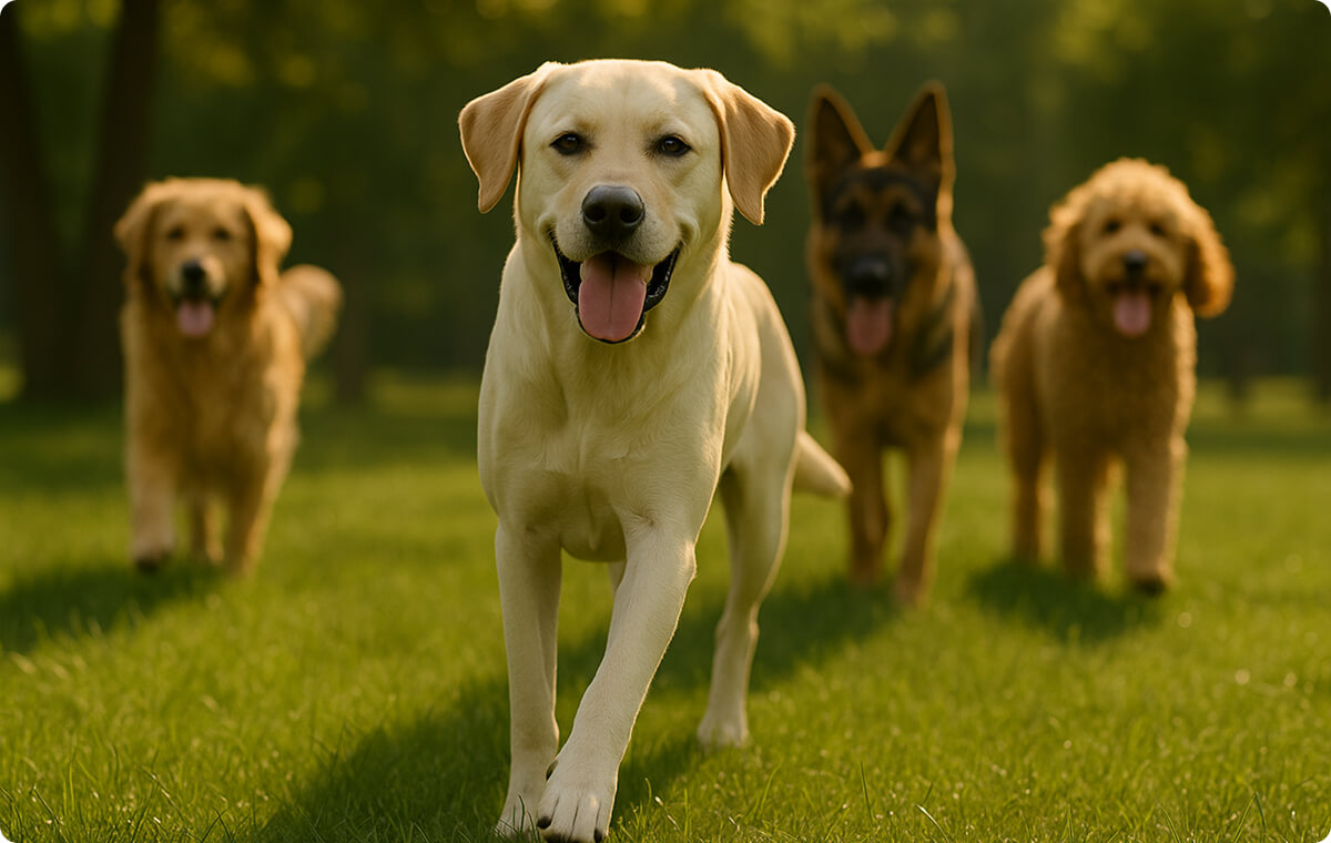 A happy Labrador Retriever running on grass with other dogs following behind in a sunny park.