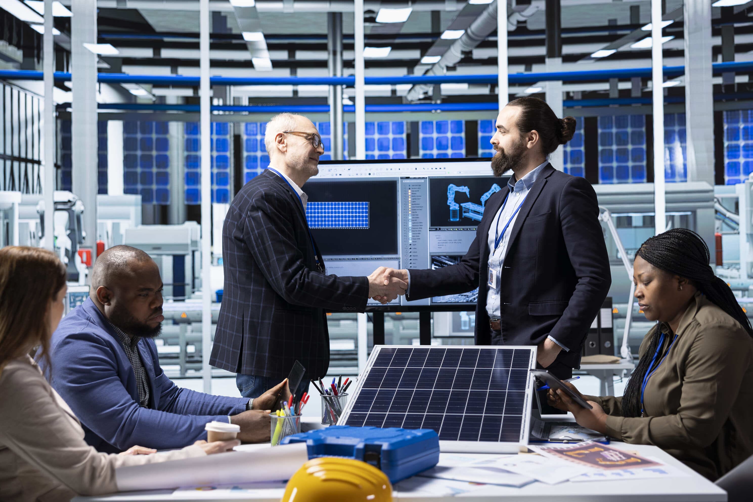 Industrial plant shareholders doing handshake meeting to conduct research