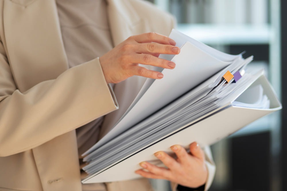 Woman skimming documents