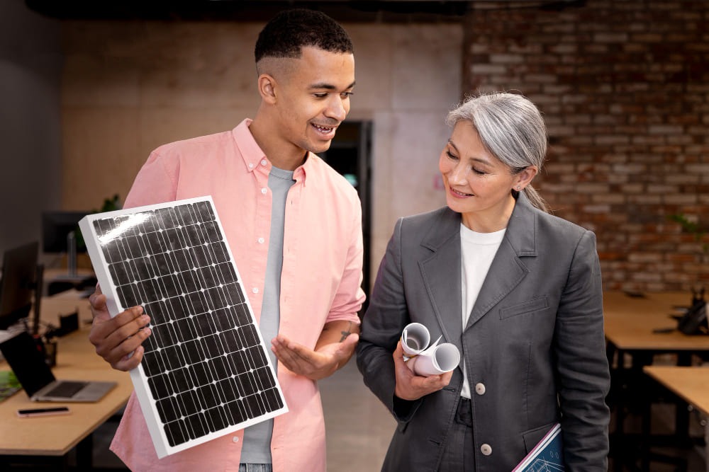 Man showing a solar panel to an old lady