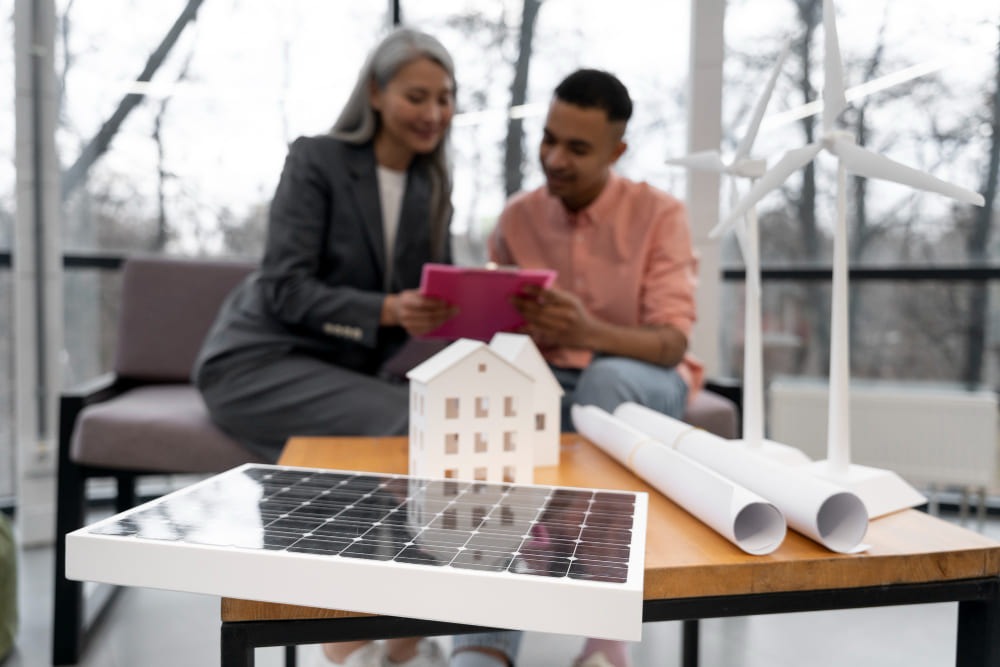 Woman and man background to a solar panel