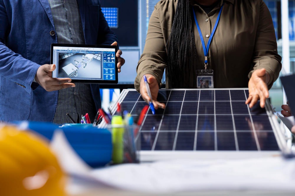 Woman discussing about solar panel