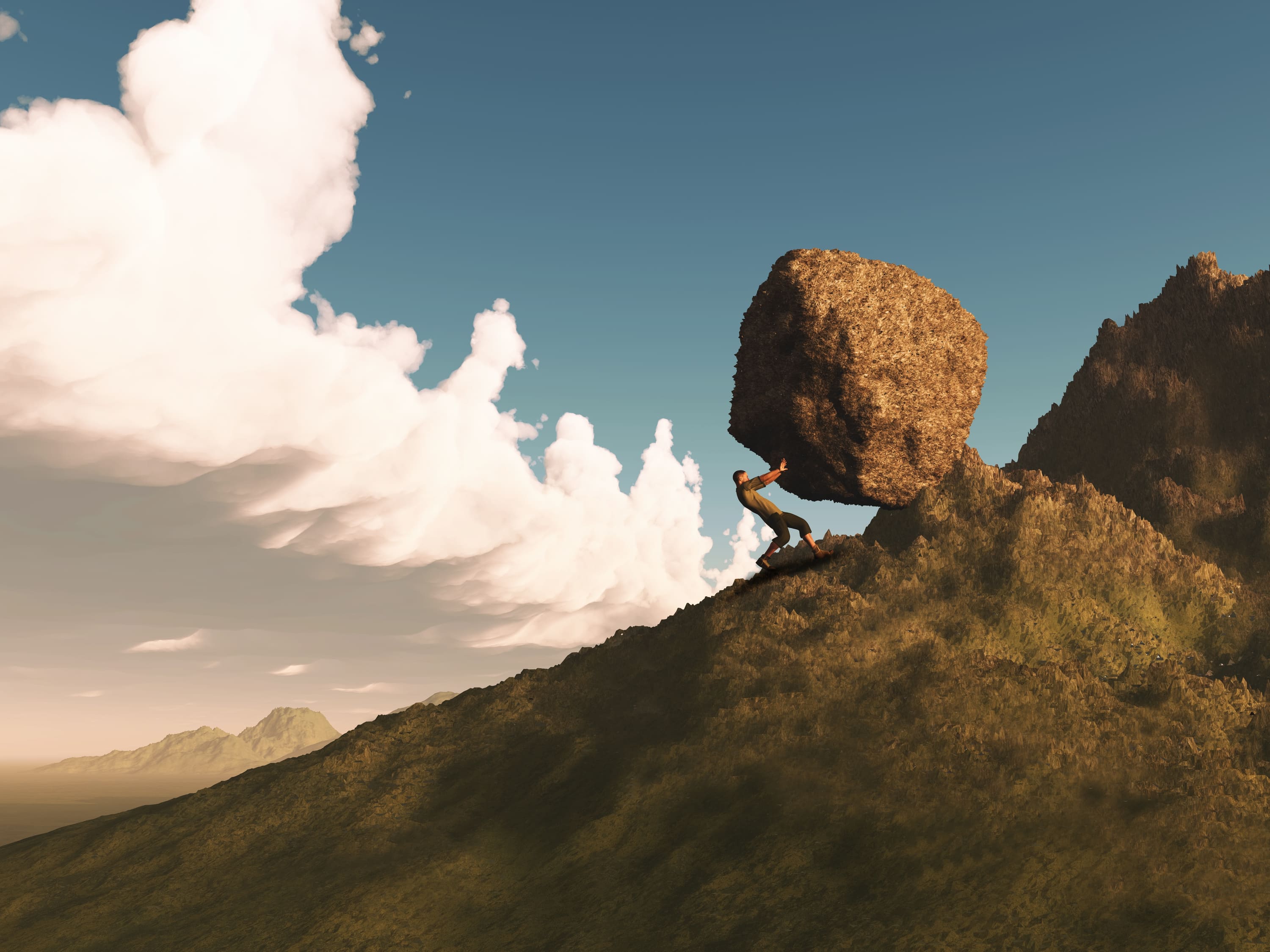 A person pushing a boulder upward