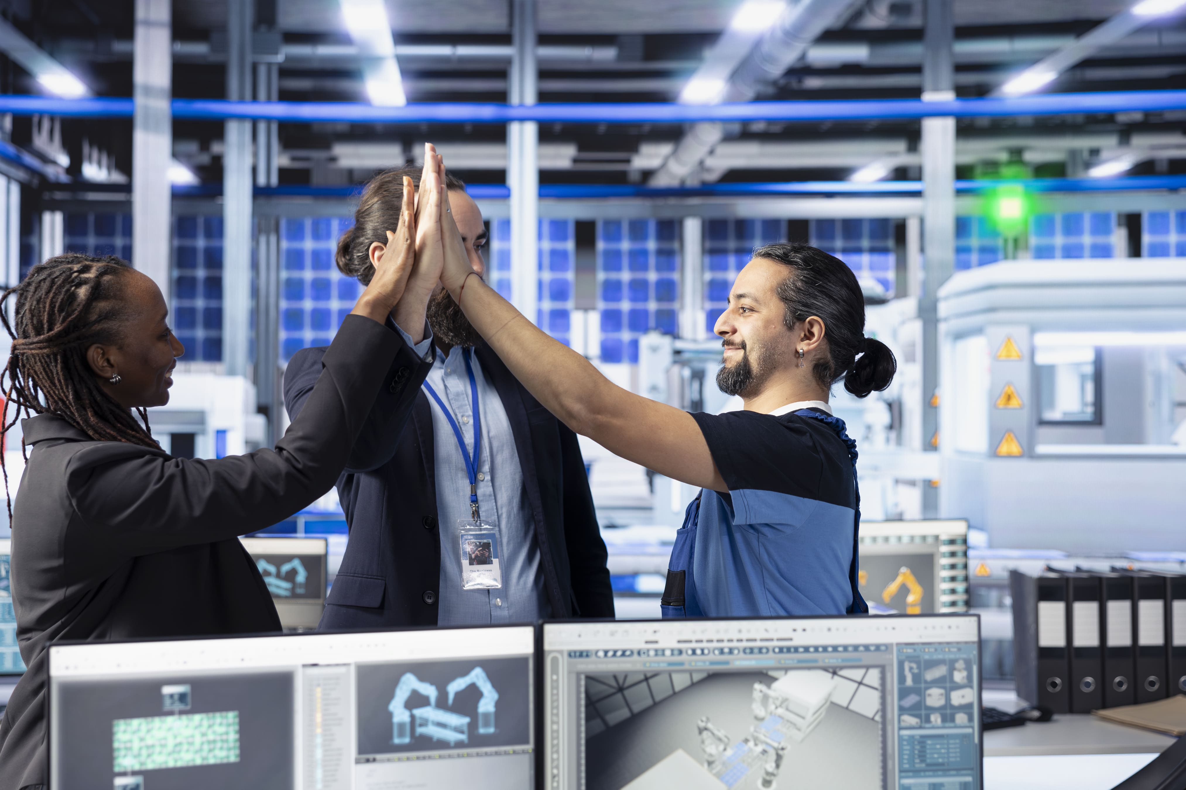 Pleased management team celebrating passing solar plant 