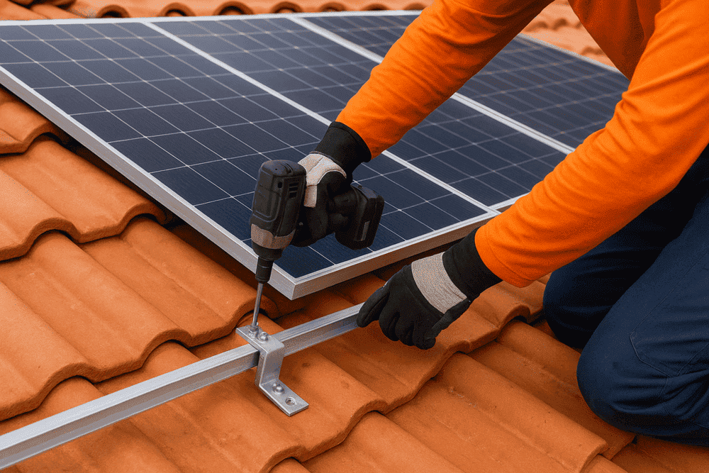 man installing solar panel in clay roof