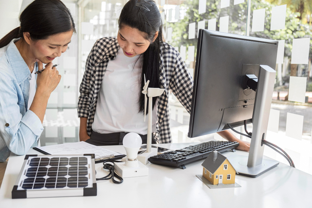 women discussing solar panel
