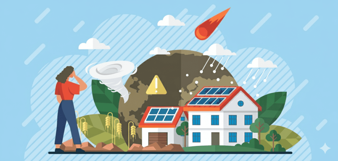 Destroyed and broken solar panels after a hurricane