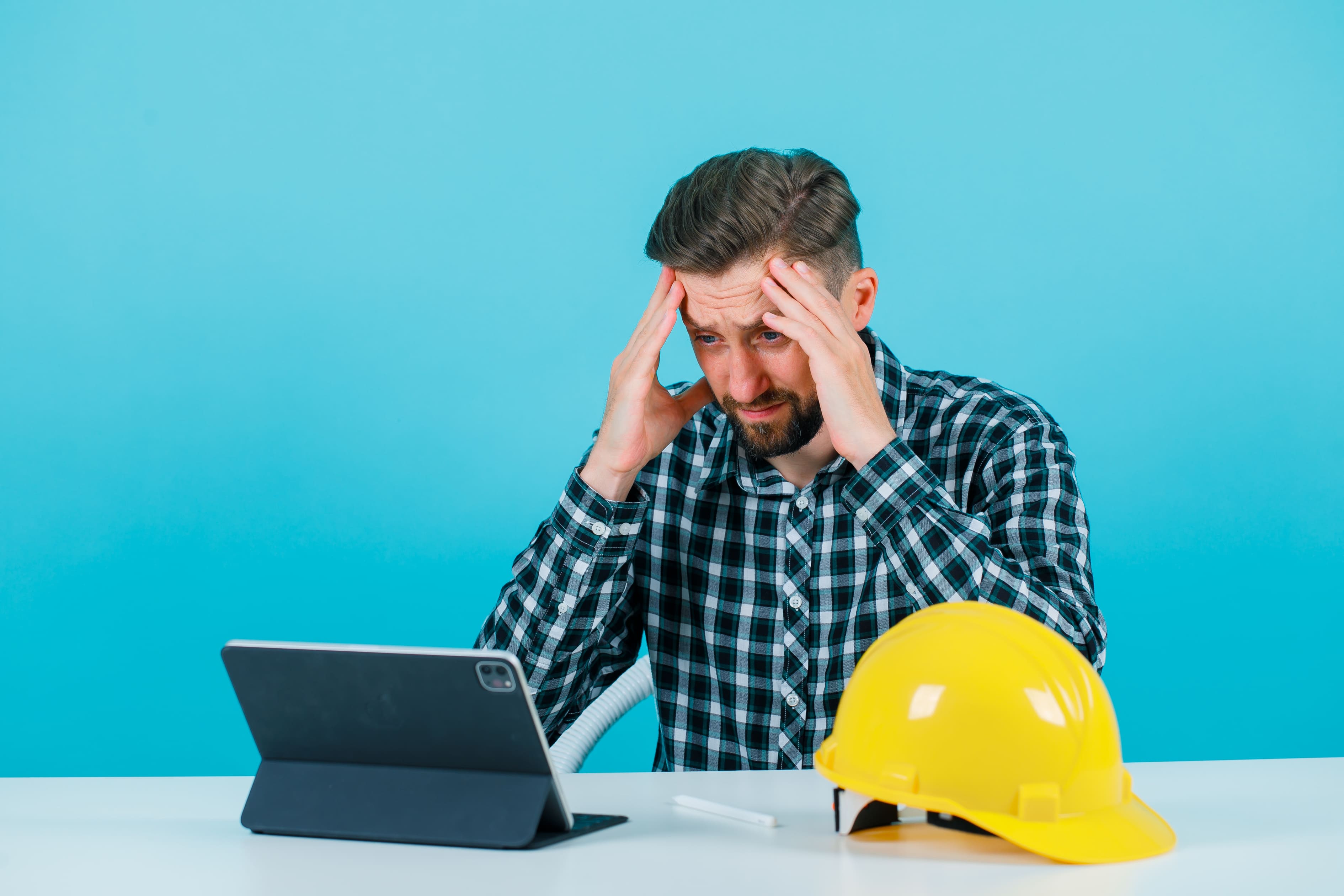 Stressed engineer holding his head near a laptop