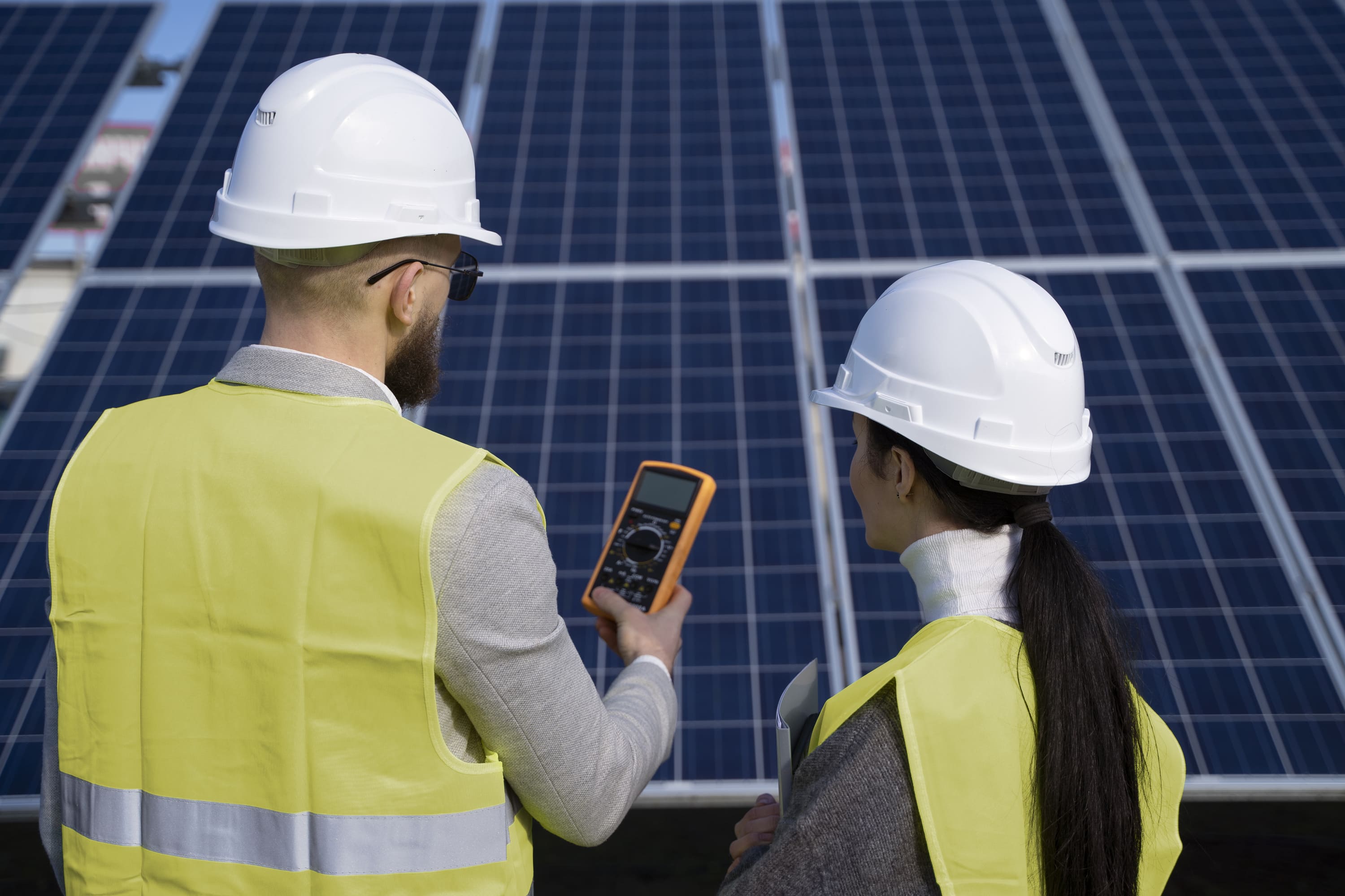 Engineers check photovoltaic output with solar multimeter
