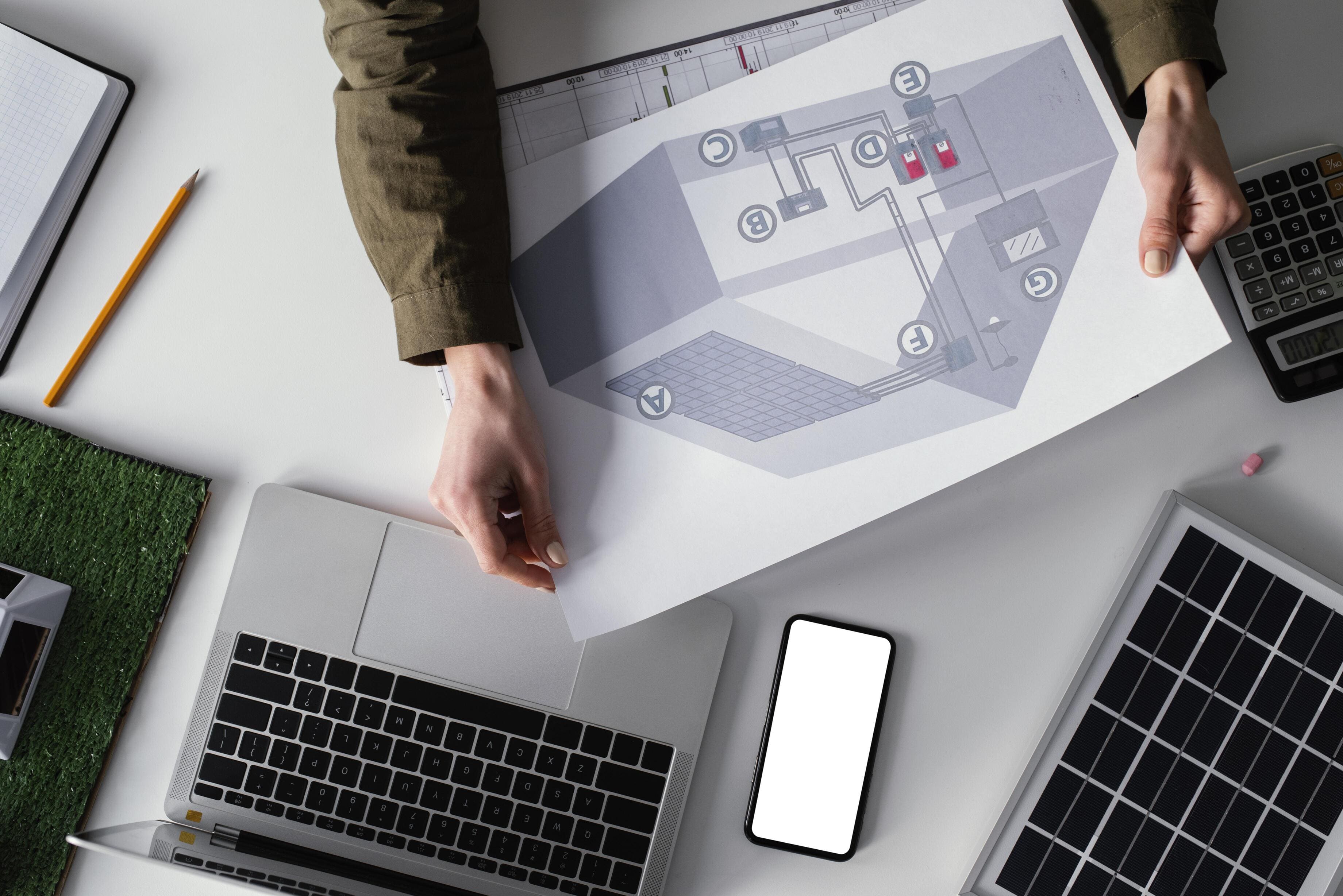 Engineer studies solar panel system installation blueprint