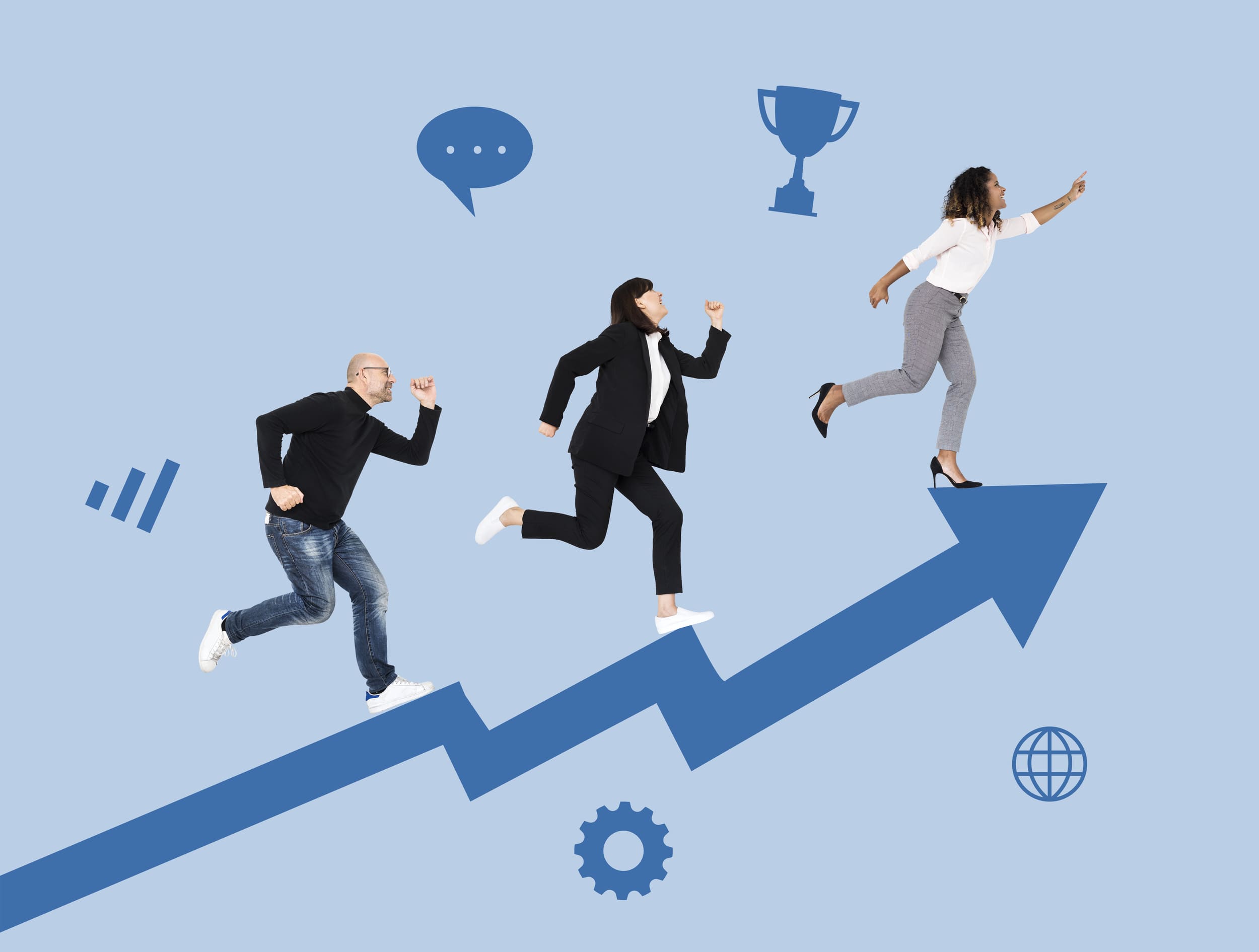 Three business people rush up successful arrow chart