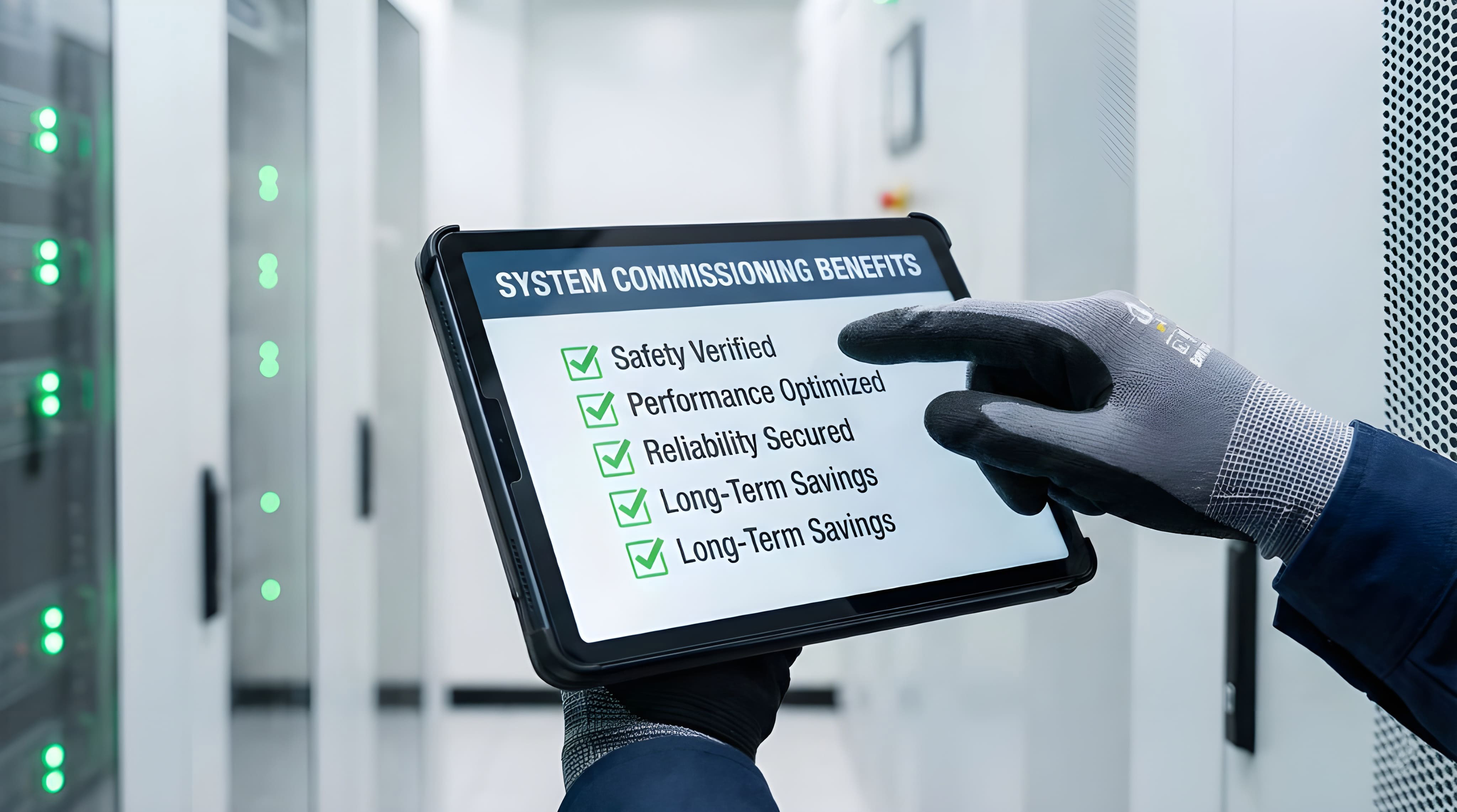 Tablet shows verified system commissioning benefits checklist