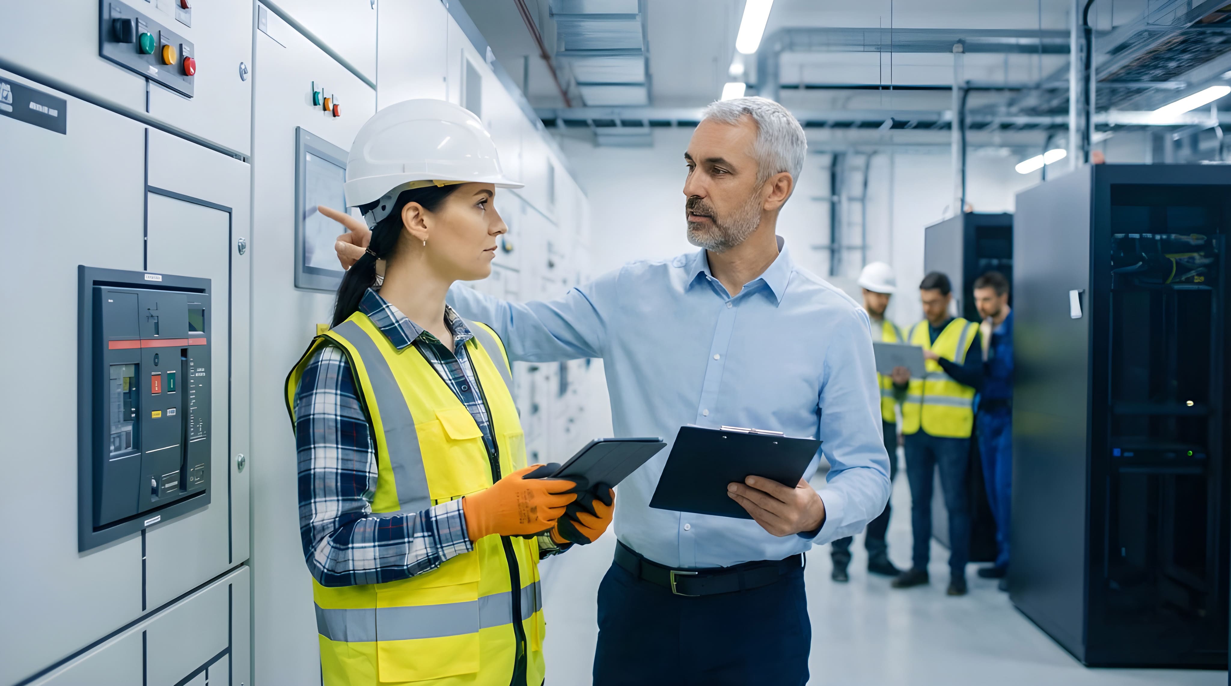 Engineers discuss control panel maintenance in facility