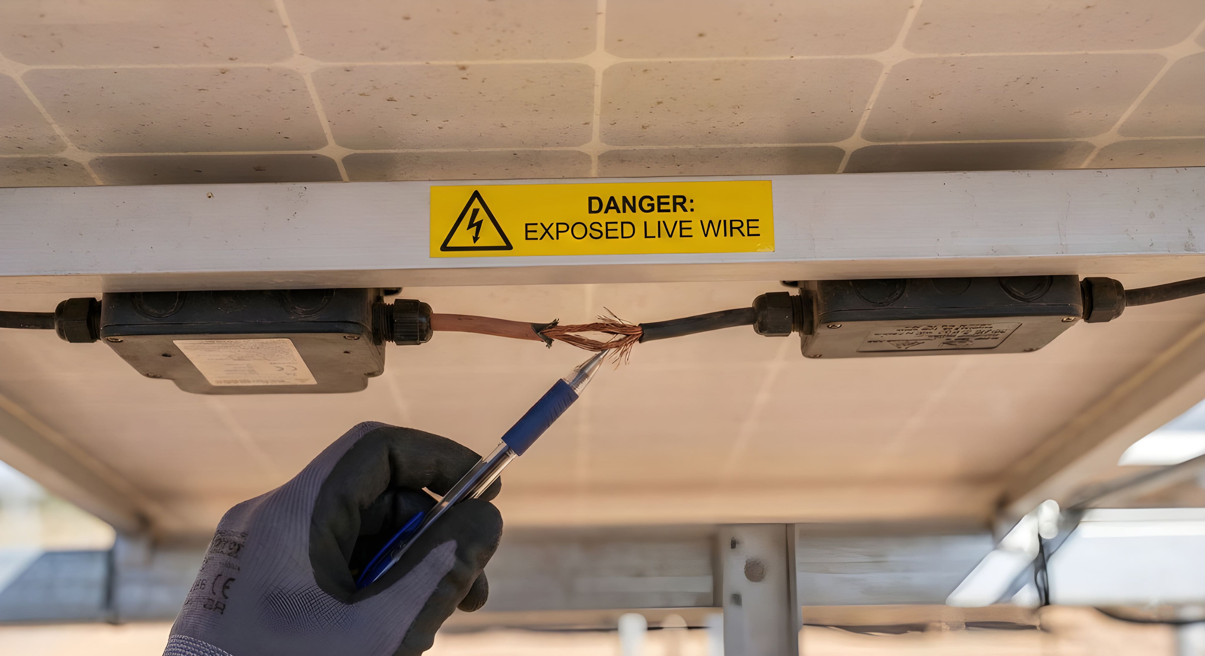 Danger Exposed live wire under solar panel